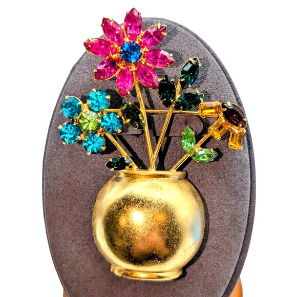 VTG Mid-Century Multi-Color Glass Stone Flowers in Gold Tone Flower Pot Brooch - Picture 1 of 9